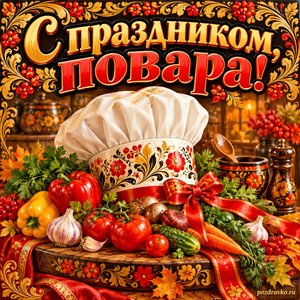 Открытка «С праздником, повара!» с поварским колпаком и овощами с нарядными праздничными лентами