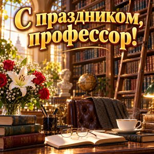 Открытка «С праздником, профессор!» с библиотекой