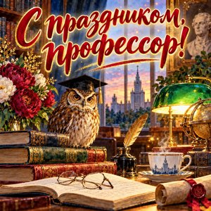 Открытка «С праздником, профессор!» с совой и книгами