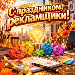 Открытка «С праздником, рекламщики!» с цветными бумажными идеями при золотом солнечном свете