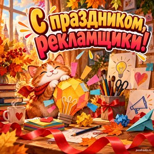 Открытка «С праздником, рекламщики!» с цветными бумажными идеями с нарядными праздничными лентами