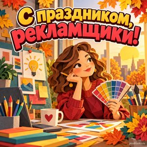 Открытка «С праздником, рекламщики!» с дизайнером и палитрой при золотом солнечном свете