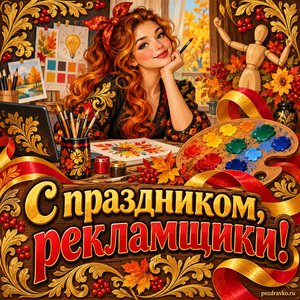 Открытка «С праздником, рекламщики!» с дизайнером и палитрой с нарядными праздничными лентами