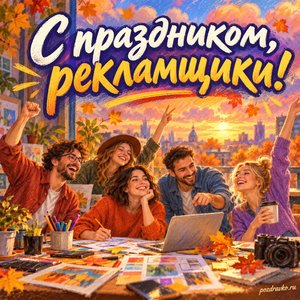 Открытка «С праздником, рекламщики!» с творческой командой за столом на фоне мягких осенних облаков