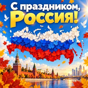 Открытка «С праздником, Россия!» с картой из листьев