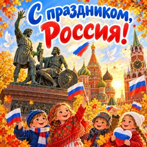 Открытка «С праздником, Россия!» с памятником Минину и Пожарскому