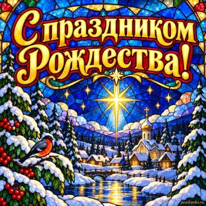 Открытка «С праздником Рождества!» со звездой над лесом