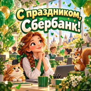 Открытка «С праздником, Сбербанк!» с зелёными шарами