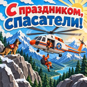 Открытка «С праздником, спасатели!» с вертолётом над горами