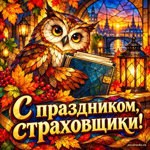 Открытка «С праздником, страховщики!» с доброй совой и папкой в сиянии уютных фонариков