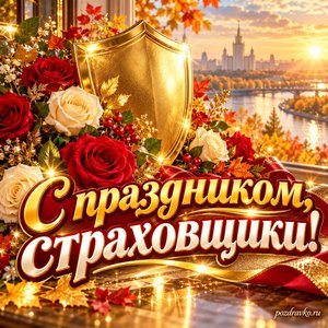 Открытка «С праздником, страховщики!» с розами и золотым щитом при золотом солнечном свете