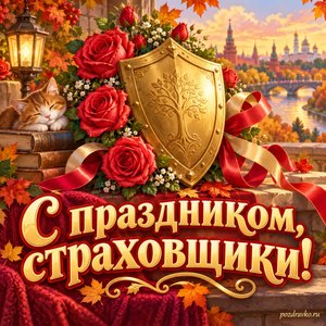 Открытка «С праздником, страховщики!» с розами и золотым щитом с нарядными праздничными лентами