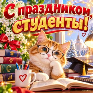 Открытка «С праздником, студенты!» с котом-студентом