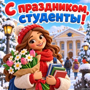 Открытка «С праздником, студенты!» с Татьяной и цветами