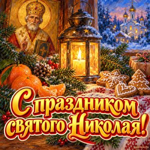 Открытка «С праздником святого Николая!» с мандаринами и пряниками
