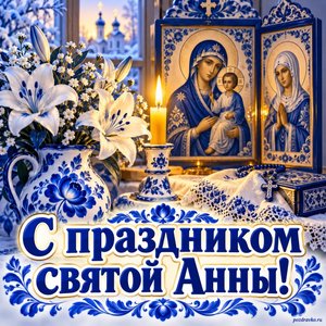 Открытка «С праздником святой Анны!» с лилиями и лампадой