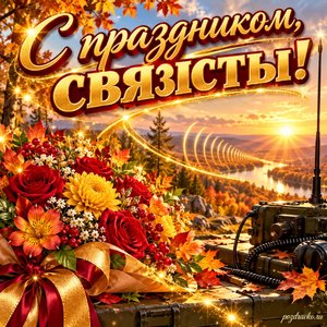 Открытка «С праздником, связисты!» с букетом и символом радиоволн при золотом солнечном свете