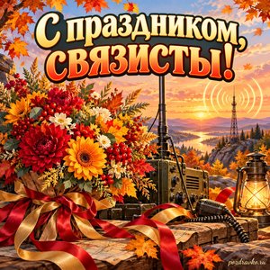 Открытка «С праздником, связисты!» с букетом и символом радиоволн с нарядными праздничными лентами