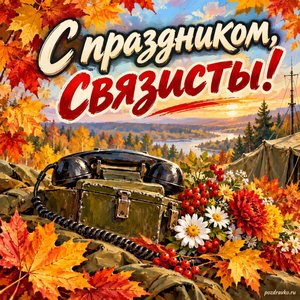 Открытка «С праздником, связисты!» с полевым телефоном и цветами в рамке из кленовых листьев