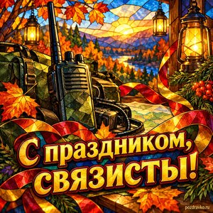 Открытка «С праздником, связисты!» с рацией и праздничными лентами в сиянии уютных фонариков