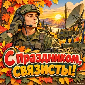 Открытка «С праздником, связисты!» с военным связистом и гарнитурой при золотом солнечном свете