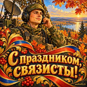Открытка «С праздником, связисты!» с военным связистом и гарнитурой с нарядными праздничными лентами