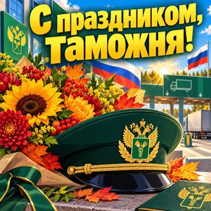 Открытка «С праздником, таможня!» с фуражкой и цветами