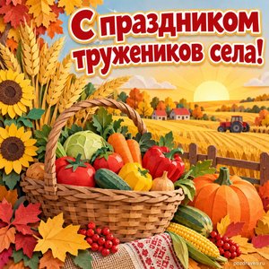 Открытка «С праздником тружеников села!» с корзиной овощей и колосьями при золотом солнечном свете
