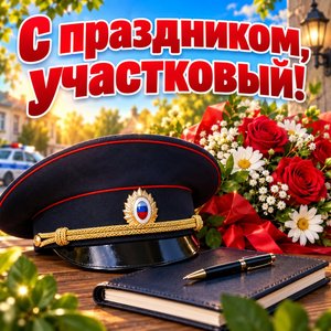 Открытка «С праздником, участковый!» с фуражкой и цветами