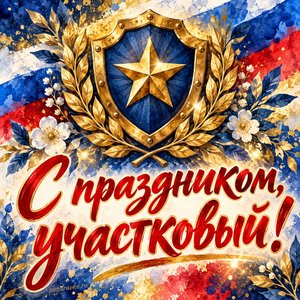 Открытка «С праздником, участковый!» со щитом и звездой