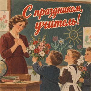 Открытка «С праздником, учитель!» с детскими рисунками