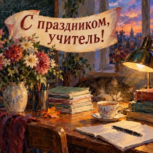Открытка «С праздником, учитель!» с тетрадями вечером