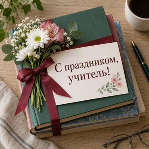 Открытка «С праздником, учитель!» со стопкой учебников