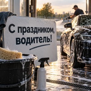 Открытка «С праздником, водитель!» с автомойкой