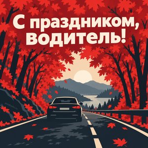 Открытка «С праздником, водитель!» с машиной в кленовом тоннеле