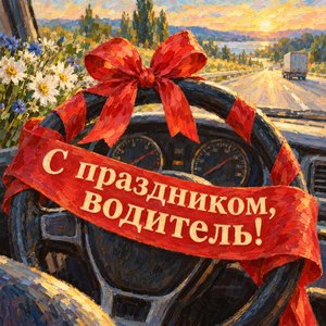Открытка «С праздником, водитель!» с рулём в подарочной ленте