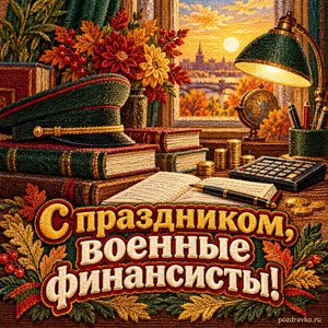 Открытка «С праздником, военные финансисты!» с книгами и настольной лампой при золотом солнечном свете
