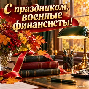 Открытка «С праздником, военные финансисты!» с книгами и настольной лампой с нарядными праздничными лентами