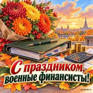 Открытка «С праздником, военные финансисты!» с папкой и букетом хризантем на фоне мягких осенних облаков