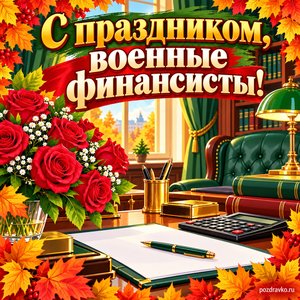 Открытка «С праздником, военные финансисты!» с строгим кабинетом и розами в рамке из кленовых листьев