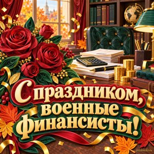 Открытка «С праздником, военные финансисты!» с строгим кабинетом и розами с золотыми искрами и конфетти