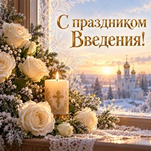 Открытка «С праздником Введения!» с белыми розами и свечой у морозного окна