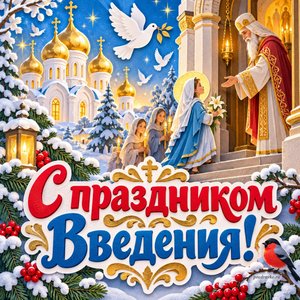 Открытка «С праздником Введения!» с куполами и голубями