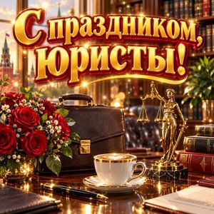 Открытка «С праздником, юристы!» с портфелем и кубком