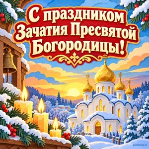 Открытка «С праздником Зачатия Пресвятой Богородицы!» с храмом и свечами