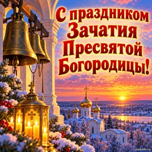 Открытка «С праздником Зачатия Пресвятой Богородицы!» с колокольней