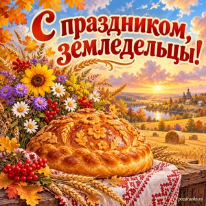 Открытка «С праздником, земледельцы!» с караваем и букетом полевых цветов на фоне мягких осенних облаков