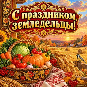 Открытка «С праздником, земледельцы!» с корзиной овощей и колосьями на фоне мягких осенних облаков