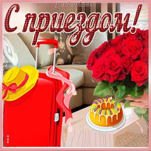 Красивая картинка с приездом с чемоданом и цветами