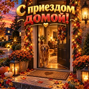 Открытка «С приездом домой!» с домом в огнях
